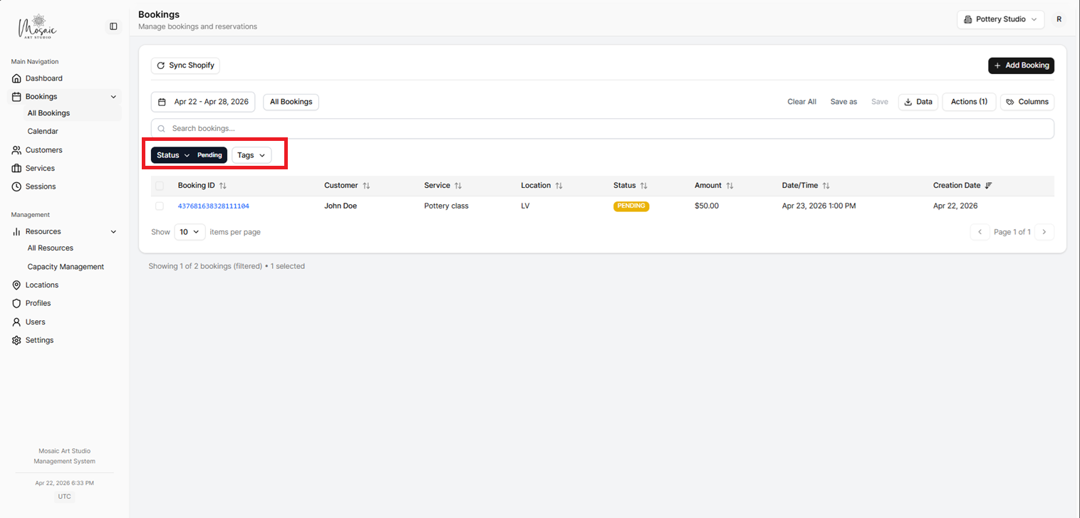 Bookings page with filter options highlighted